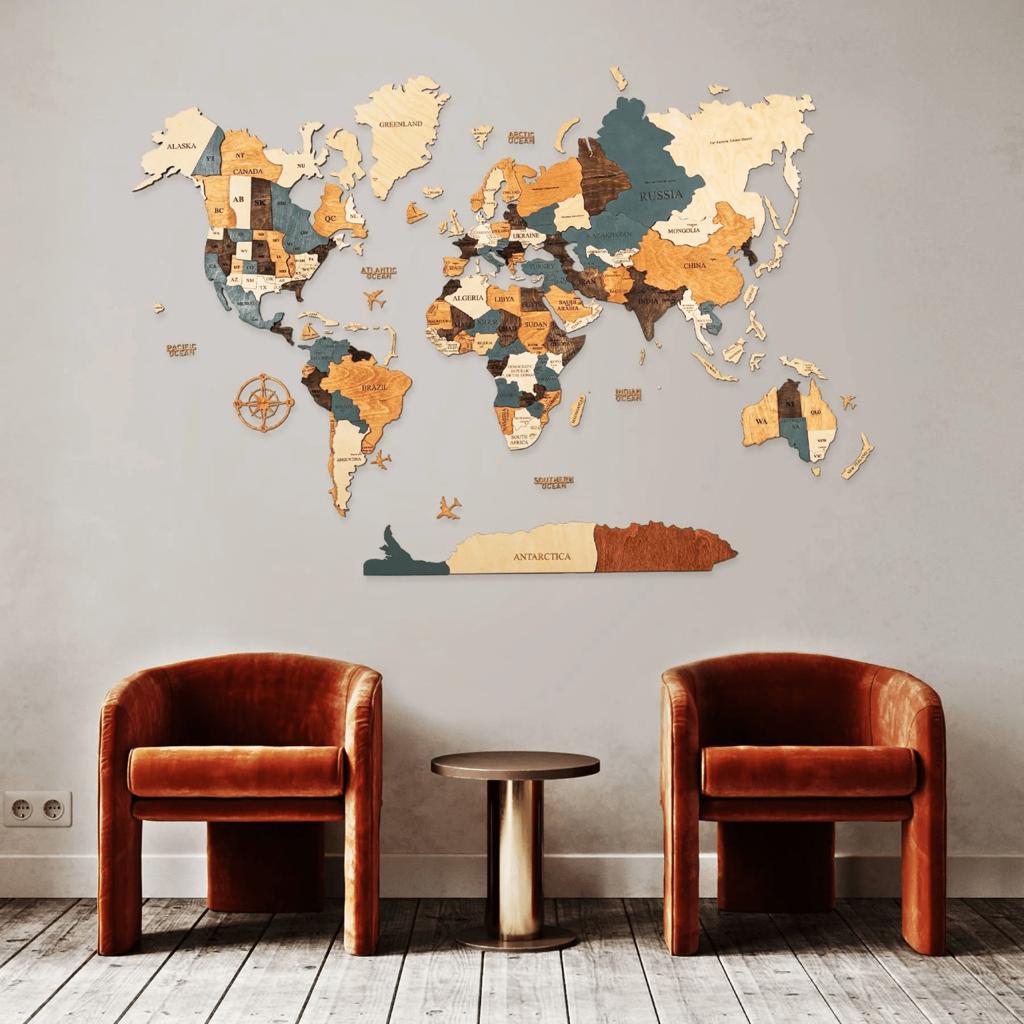 3D WOODEN WORLD MAP-BLUE