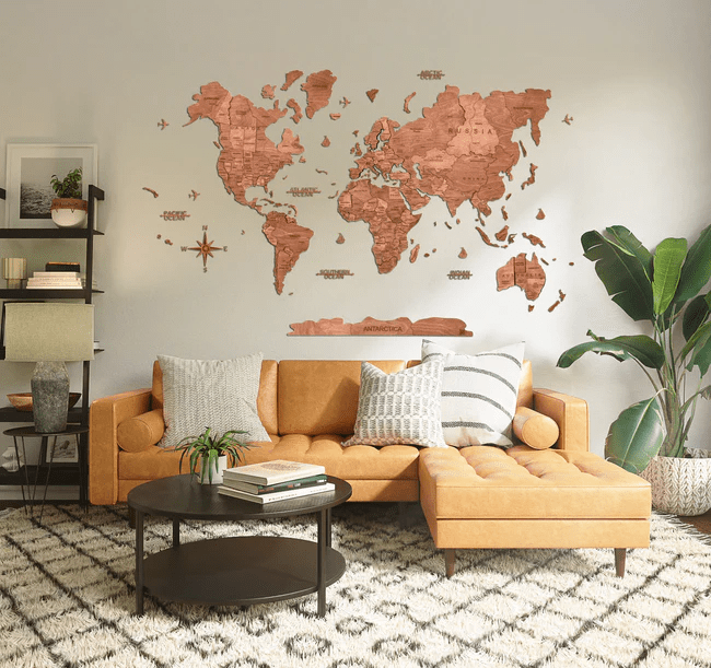 3D WOODEN WORLD MAP - BROWN